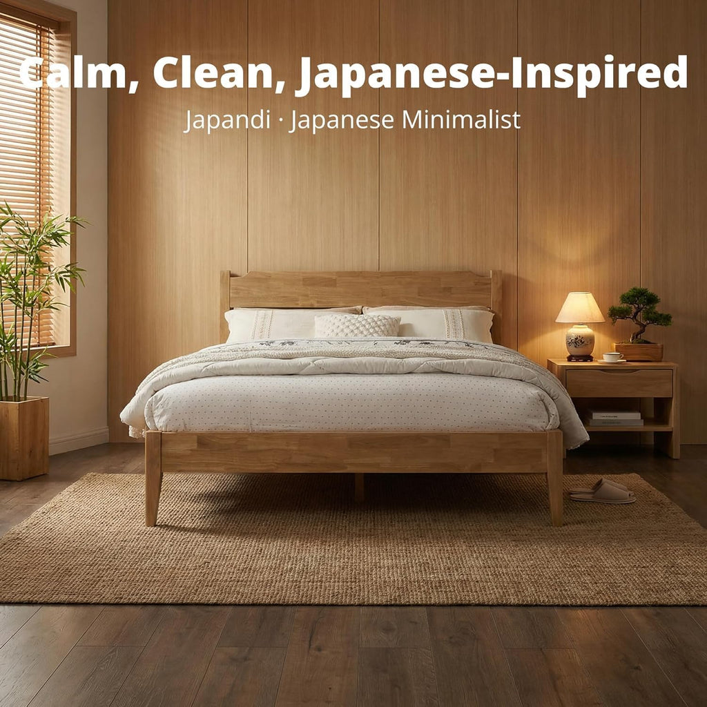 Solid Wood Platform Bed Frame with Headboard, Japanese Joinery, 15-Min No-Tool Assembly, 1100 Lbs Support