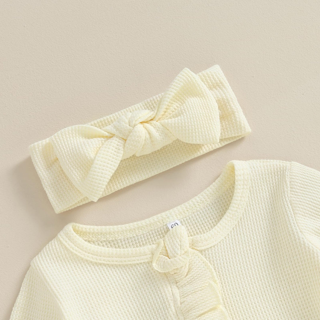 Newborn Baby Girl Clothes Long Sleeve Solid Color Romper Jumpsuits with Headband Infant Coming Home Outfit (Creamy