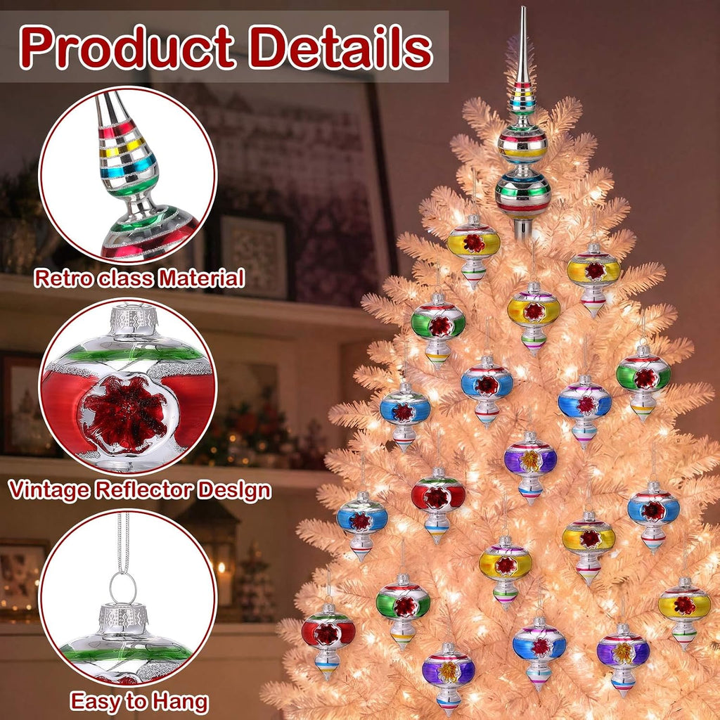Retro Christmas Glass Treetop Ornament, Finial, Bright Color - Set of 10