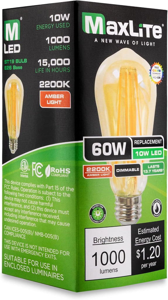 10W E26 Base Dimmable LED Bulb Enclosed Vintage Filament Glass, ST19 Shape, JA8 Listed - CRI 90