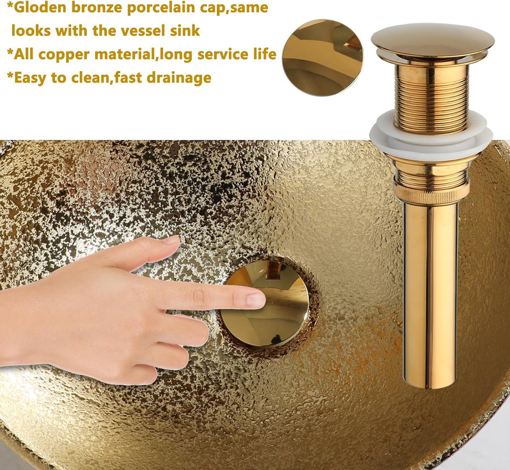 16" Gold Bathroom Sink Ceramic Vessel Sinks for Bathrooms Above Counter Bathroom Sink Oval Vessel Sink with Faucet