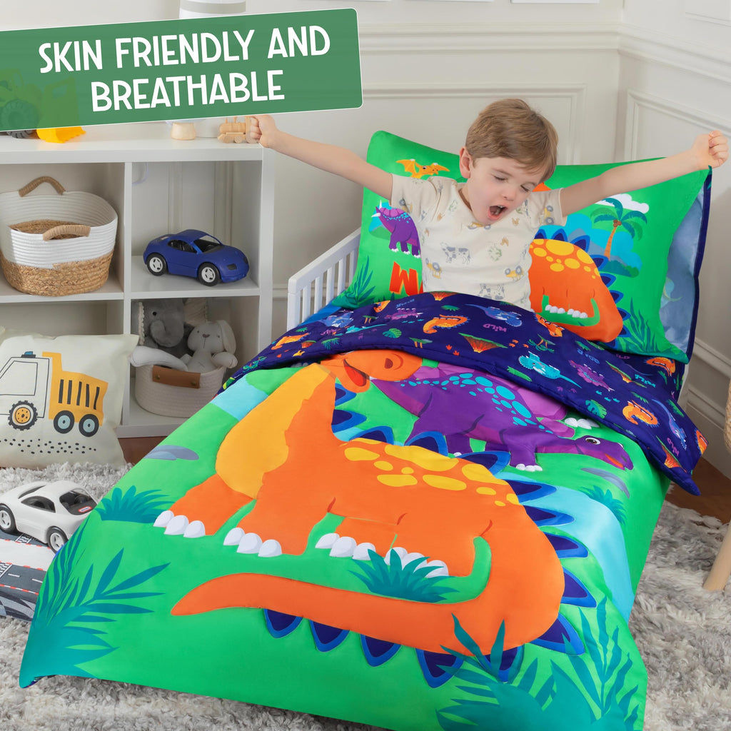 4-Piece Dinosaurs Toddler Bedding Set - Soft & Breathable Brushed Microfiber Toddler Bedding Sets for Boys, Machine