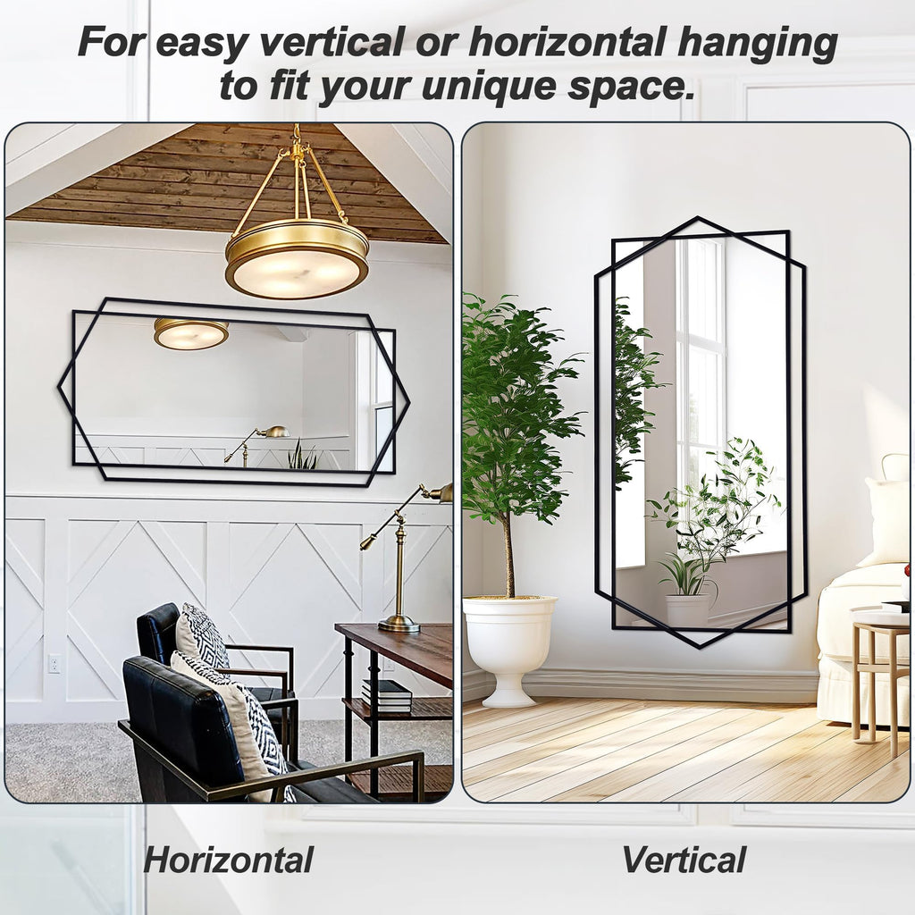 28"x 55" Black Decorative Mirror with Hexagon Metal Pipe Frame