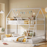 Bunk Bed Twin Over Full, House Bunk Bed Frame with Ladder and Guardrail