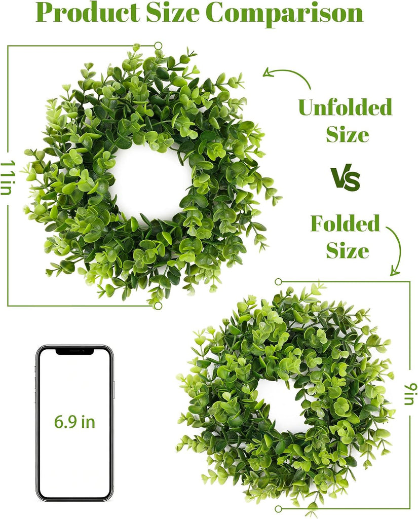 Inch Artificial Boxwood Small Wreath for Front Doors, 2 Packs Green Leaves Wreath, Spring Summer Mini Wreaths - Set of 2