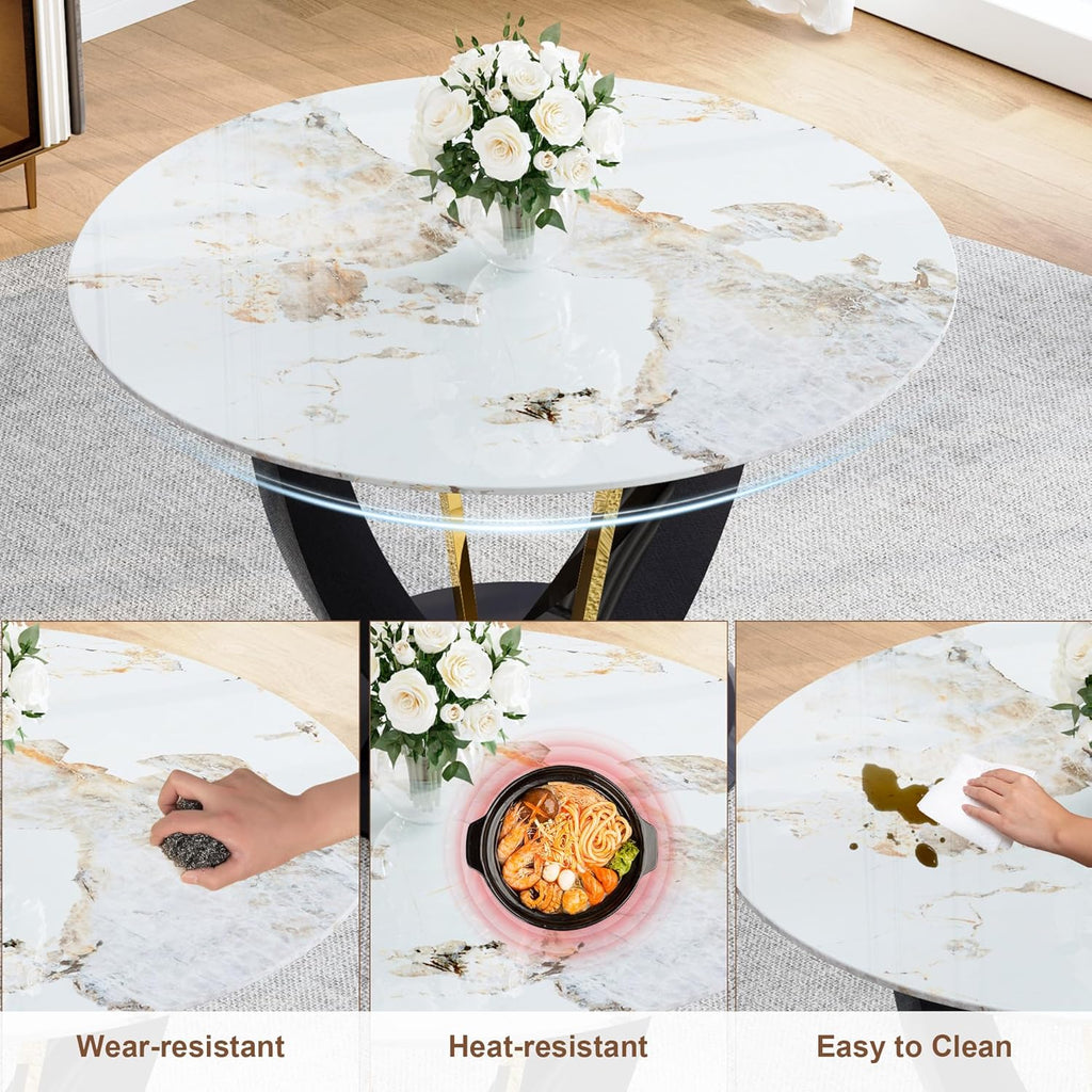 42" Round Dining Table for 4-6, Modern Faux Marble Kitchen Tabletop with Black Wood Pedestal and Gold Metal Frame