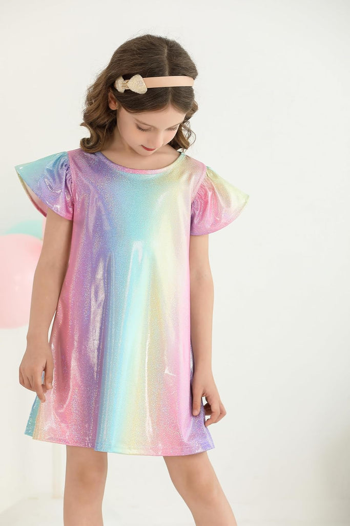 Party Dress Metallic Shiny Sparkly Flutter Sleeve Midi Dress