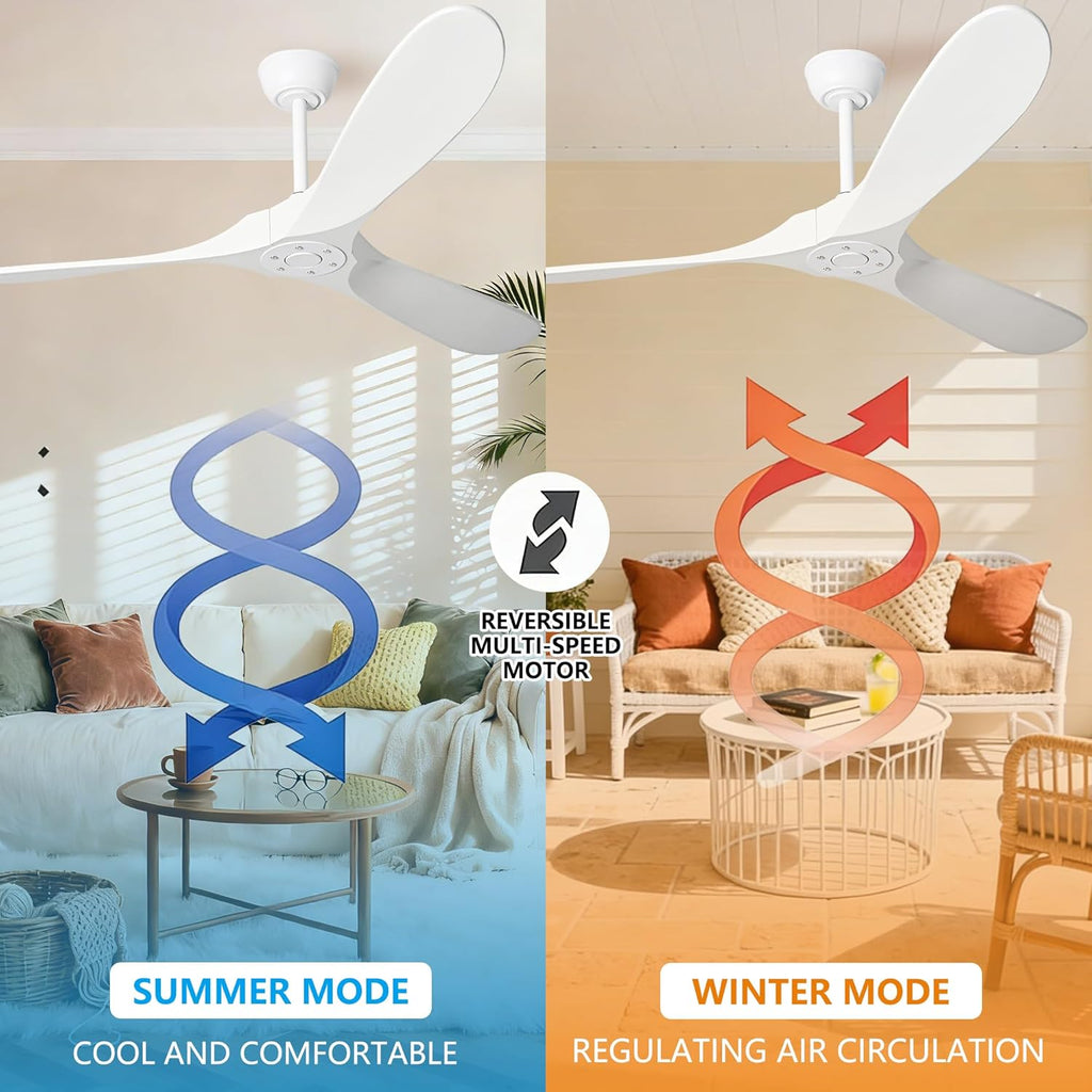Inspired Maverick Style 60 Inch White Wood Ceiling Fan - 3 Solid Wood Blades, Indoor/Outroom DC Motor Ceiling Fan with Remote Control, 6-Speed Reversible Quiet Operation, Timer Function, No Light, Damp Rated A102-B0CMTJK7L8