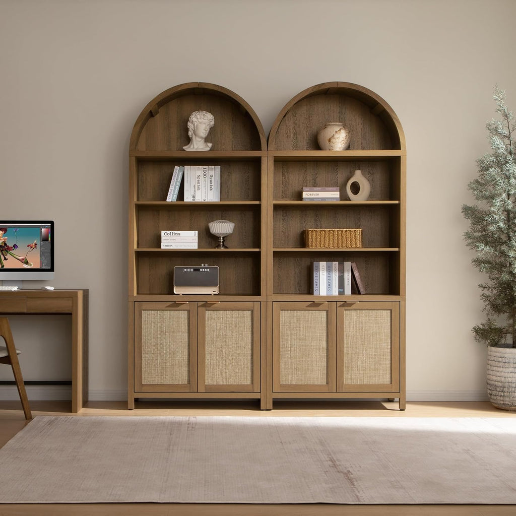 Book Shelf Arched Cabinet Bookshelf Arch 84.2" Tall Bookcase 5 Tier Large Bookshelves with Doors Storage Rattan Boho