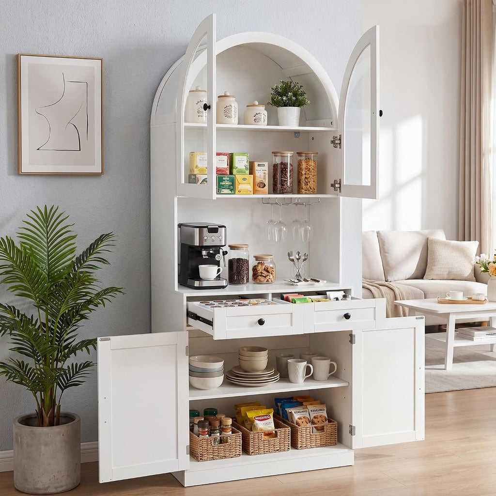 75" Arched Kitchen Pantry Cabinet with Charging Station, White | Coffee Bar Hutch with Adjustable Shelves, 2 Drawers