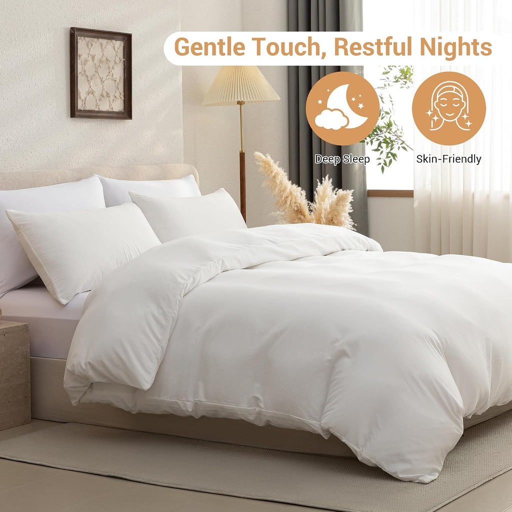 White Queen Duvet Cover Set - 3 Piece Soft Prewashed Microfiber Bedding, Breathable Comforter Cover with Zipper & 8