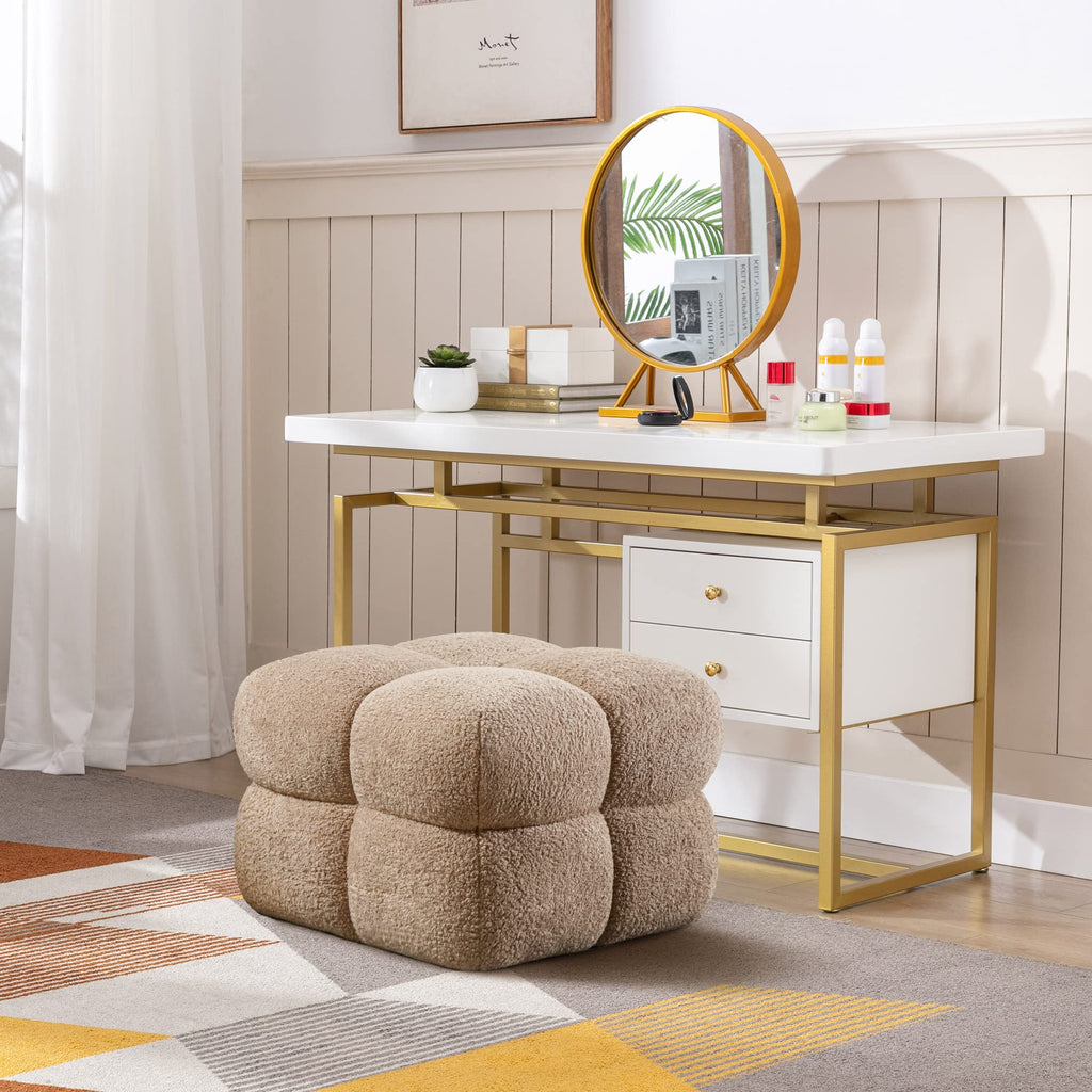 21" W Pouf Ottoman Foot Rest, Large Square Foot Stool for Couch, Upholstered Boho Ottoman with Teddy Fabric for