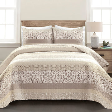 Boho Stripe Reversible Cotton Quilt 3-Piece Set, Neutral - Bold Colorful Bohemian Bedding Set