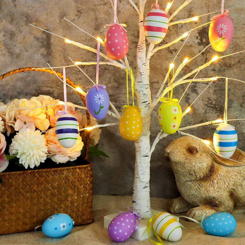 23.2" Lighted Birch Tree with Colored Egg Tree Ornaments, Easter Table Decor with Lights, Kids School Party - Set of 12
