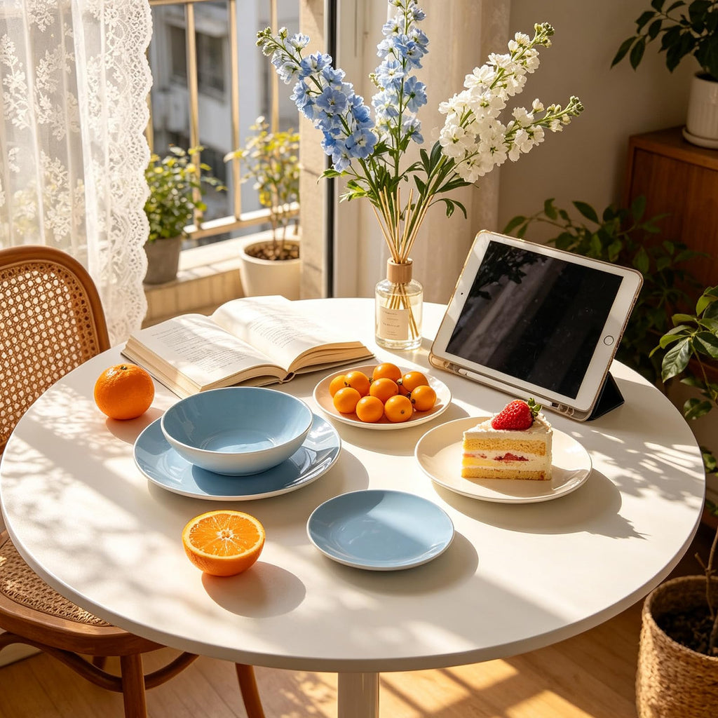 Stoneware Coupe Shape 18pc Dinnerware Set, Outside White + Inside Blue