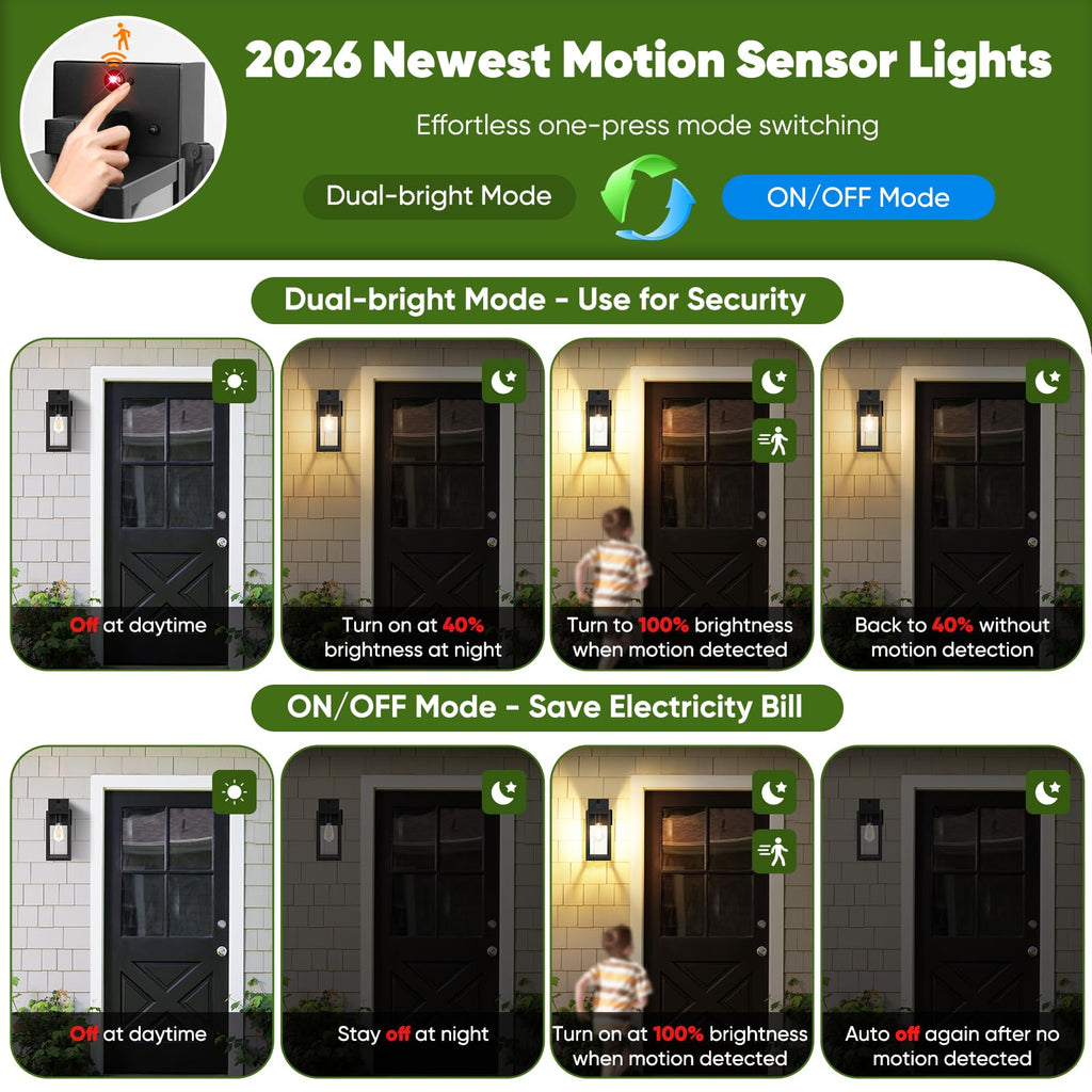 2-Pack Upgraded Motion Sensor Porch Lights with Outlet, Black