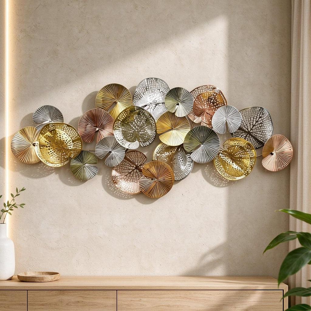 Large Metal Wall Art Decor, 3D Abstract Lotus Leaves Wall Art, Handcrafted Modern Metal Wall Sculpture, Gold &