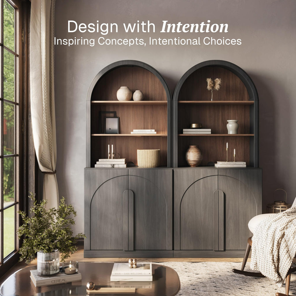 Arched Bookshelf with Storage Set of 2, 71" Tall Wood Curio Display Cabinet with Adjustable Shelf, 5 Tier Modern