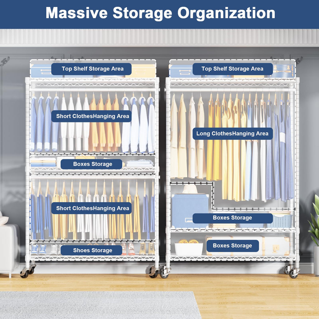 P8C Pro Heavy Duty Clothes Rack(With Extended Width Design) Rolling Clothing Racks for Hanging Clothes with Lockable