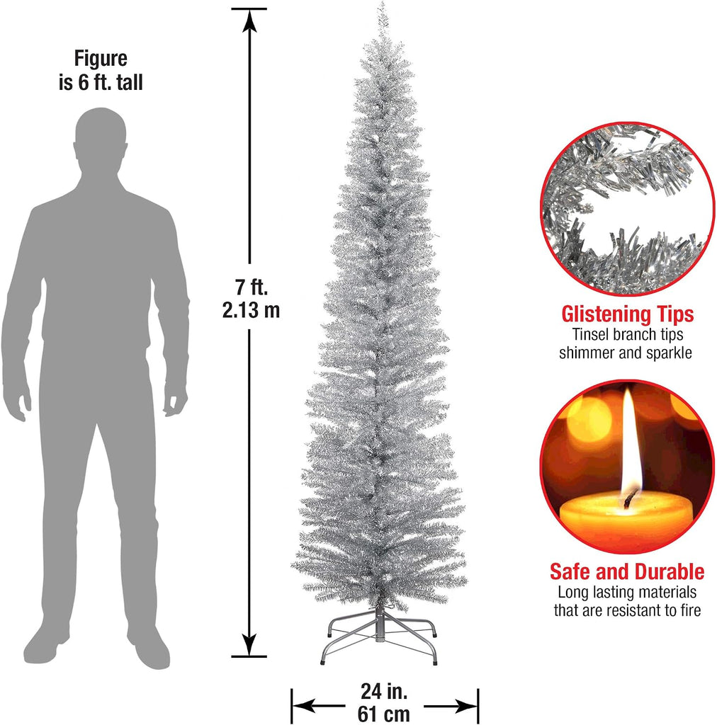 Tree Company 7ft Unlit Silver Tinsel Artificial Christmas Tree | 640 Tips, Includes Stand