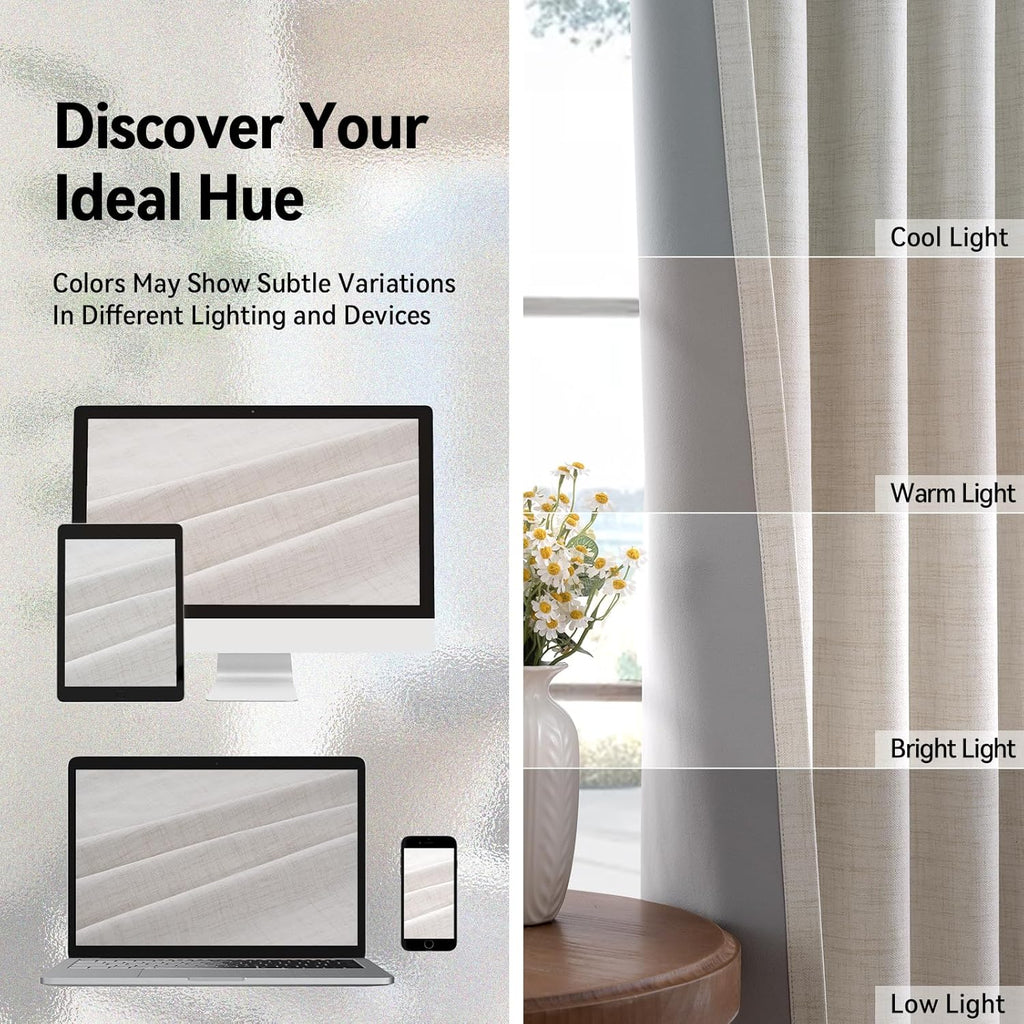 Linen Textured Total Blackout Curtains for Bedroom 84 Inches Long, Beige Grommet Curtains, Thermal Insulated Room