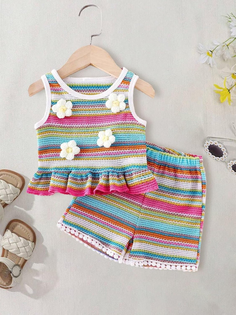 Baby Girls 3D Floral Ruffle Hem Tank Top and Shorts Set