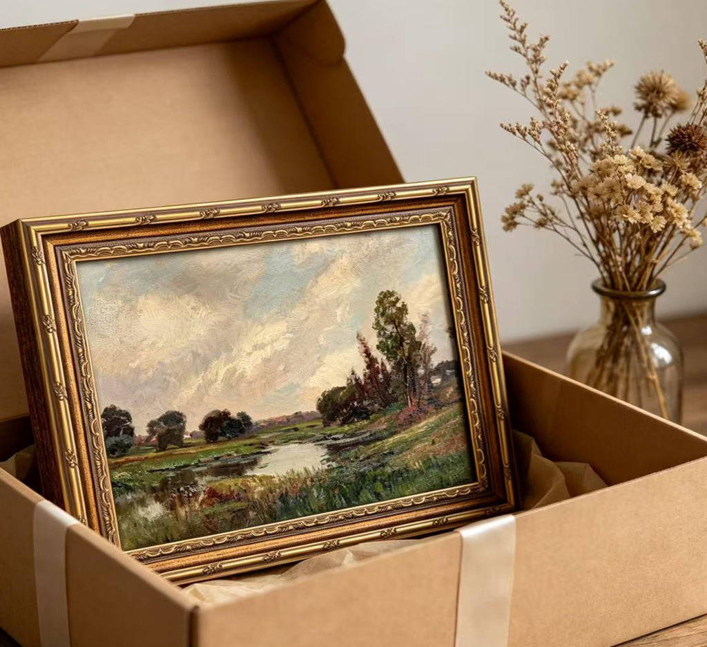 Vintage Gold Framed Landscape Wall Art, Retro Impressionist River Landscape Oil Painting Canvas Prints, Rustic Meadow