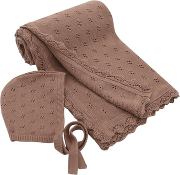 Knit Baby Blanket & Hat, 100% Cotton Soft Swaddle & Receiving Blanket for Toddler, Lightweight & Breathable Newborn