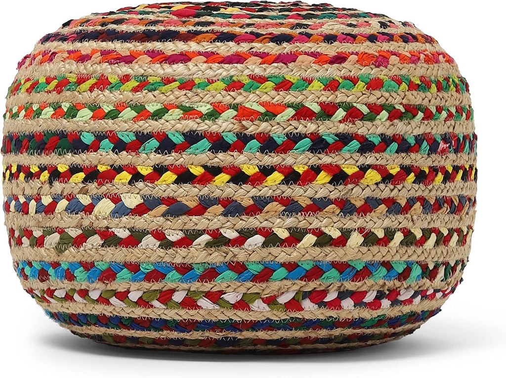 Braided Jute Cotton Pouf - Circular Boho Ottoman - Multi | Jute with Cotton Pouf, 19.5"x19.5"x14"; Braided Boho