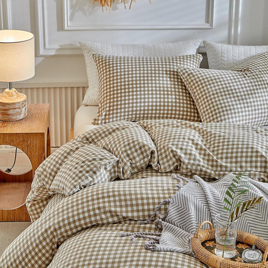 Grid King Duvet Cover Set - Tan Gingham Washed Microfiber Comforter Cover Set, 3 Pieces Plaid Checkered Soft