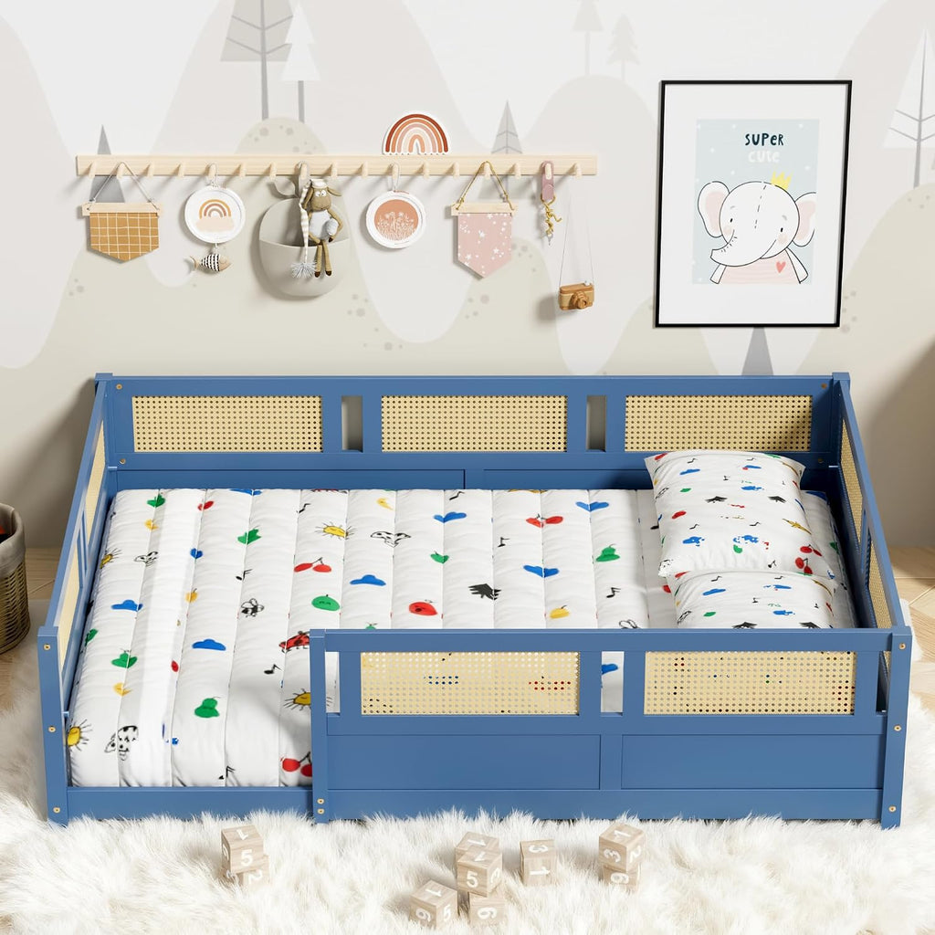 Floor Bed with PE Rattan High Fence, Wood Montessori Bed Frame with Slats for Children Girls Boys, Mist Blue