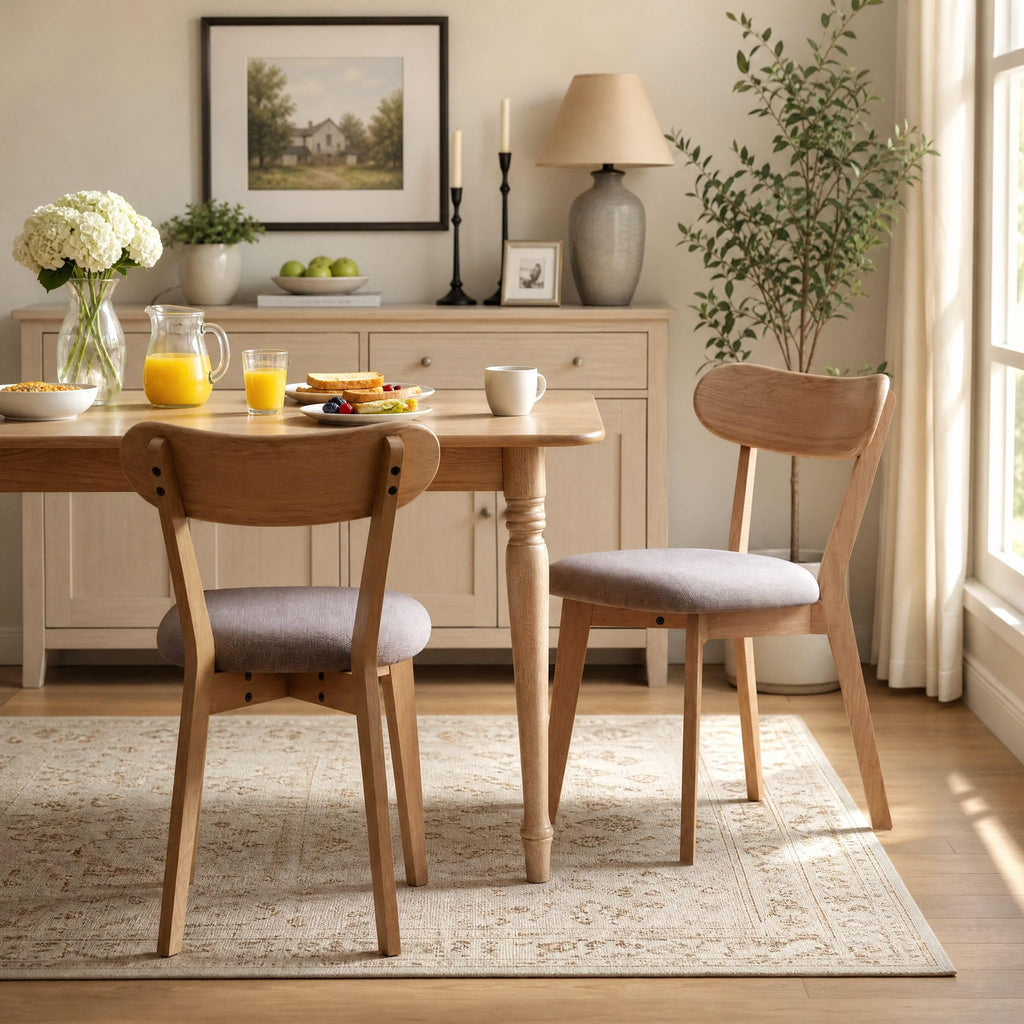 100% Solid Oak Dining Chairs, Mid Century Modern Dining Chair with Curved Backrest, Fabric Upholstered Dining Chairs