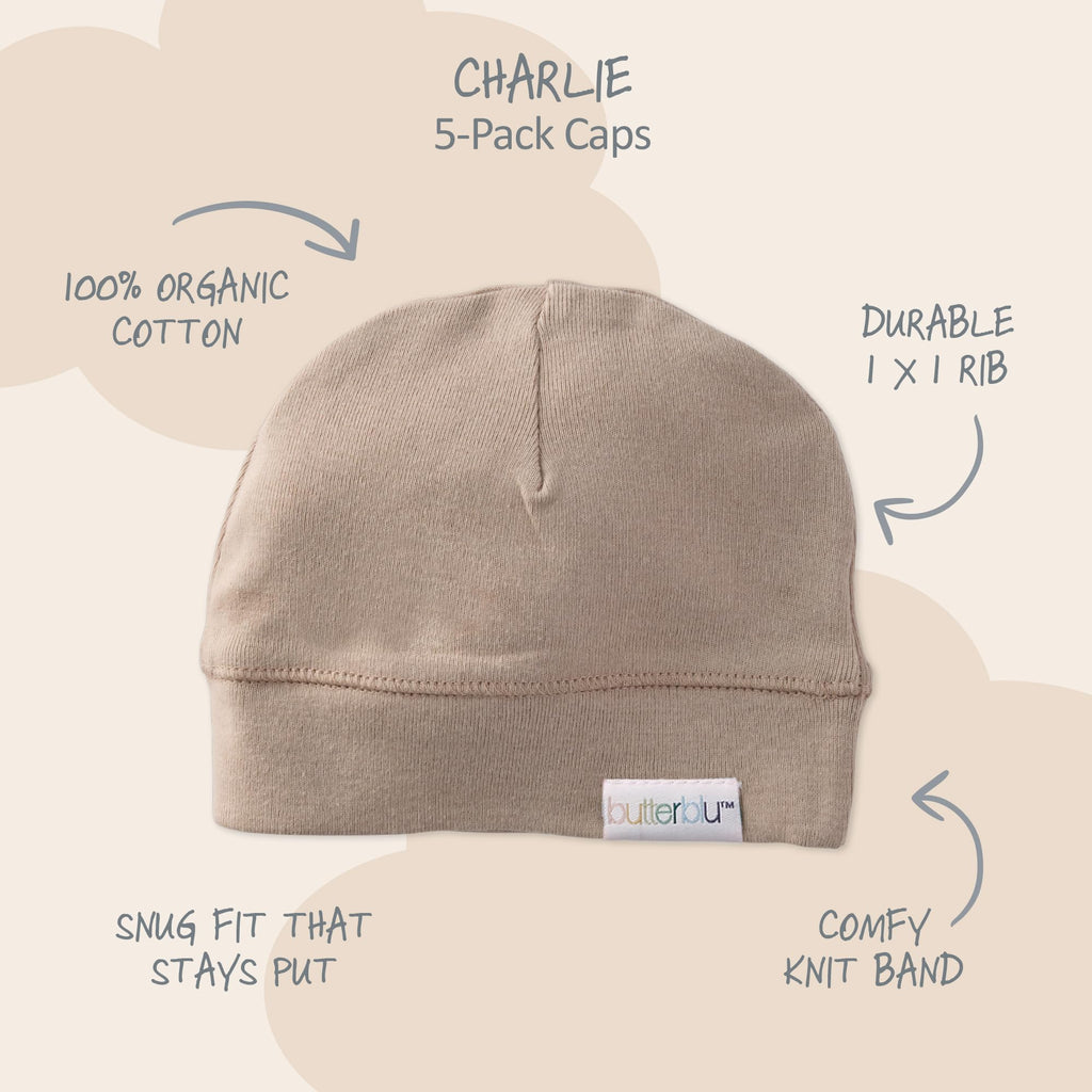 Charlie 5-Pack Caps 100% Organic Cotton Beanie Hats for Newborn Baby Boys & Girls, Natural, One Size