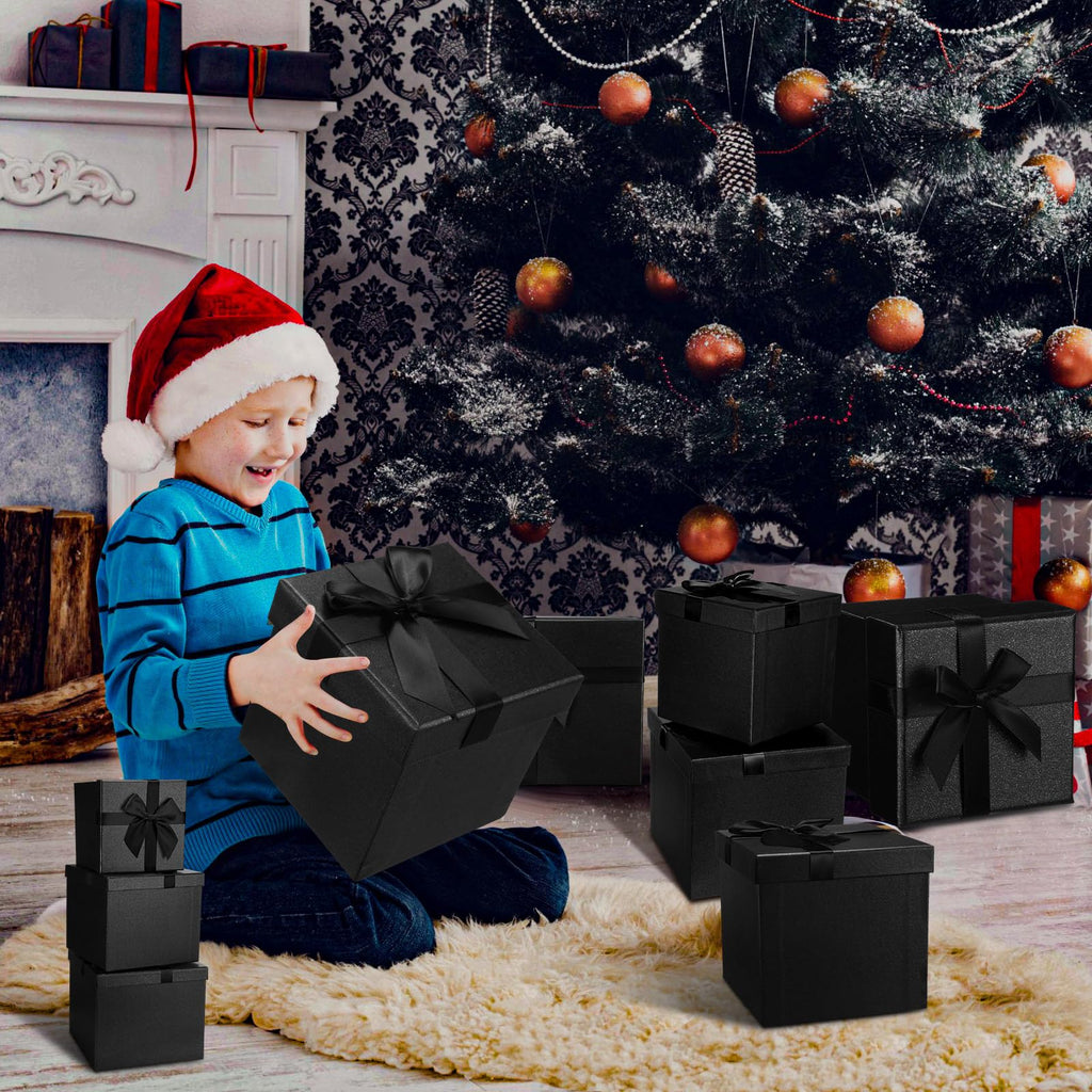 10 Pcs Xmas Gift Box with Lid Bow, Black, 10 Size