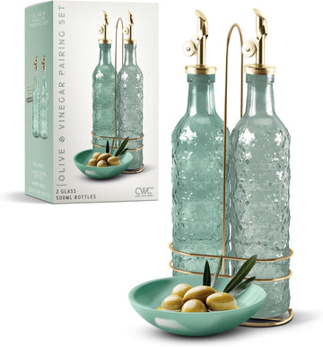 Glass Olive Oil Bottle Dispenser - 2 Pack- 17oz Oil and Vinegar Cruet - Olive Oil Carafe Decanter, Floral, Green - Set of 2