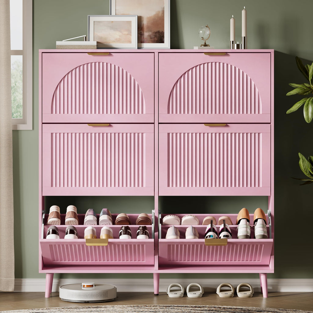 Shoe Storage Cabinet with 6 Flip Drawers, 50" Tall Narrow Wood Fluted Shoe Organizer, Freestanding Wooden Hidden