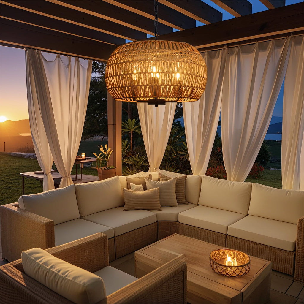 Outdoor Solar Chandelier, 4-Light 19" Rattan Outdoor Chandelier, Hanging Pendant Lights, Waterproof, for Gazebo
