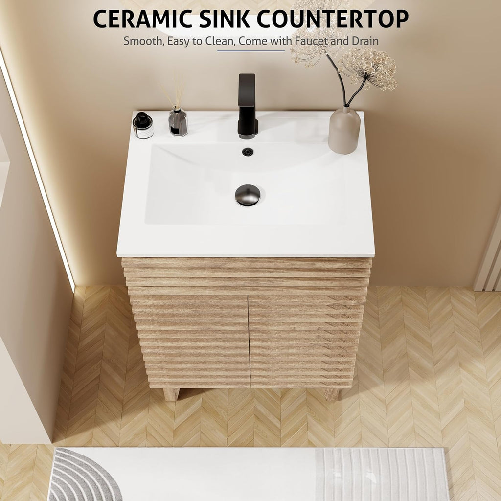 24-Inch Mid-Century Bathroom Vanity with Sink – Freestanding Cabinet with Wood Stripe Design, Adjustable Shelf, Light Walnut