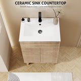 24-Inch Mid-Century Bathroom Vanity with Sink – Freestanding Cabinet with Wood Stripe Design, Adjustable Shelf, Light Walnut