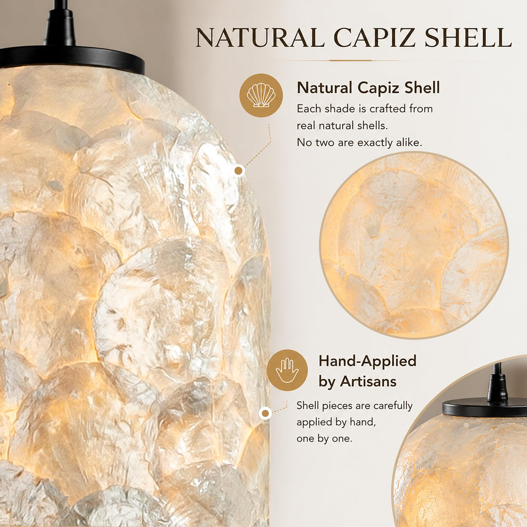 1 Light W7 in Small Coastal Capiz Shell Pendant Light Modern Farmhouse Cylinder Hanging Light Whit Natural White