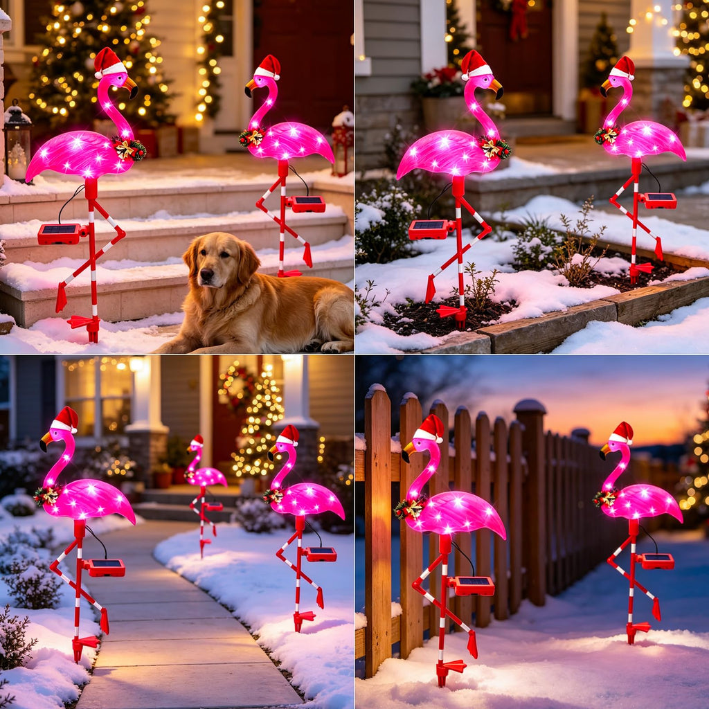 Solar Christmas Decorations, 4 Pack Solar Pink Flamingos Lights for Outdoor Yard