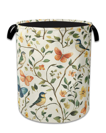 Bird Butterfly Laundry Basket,Oxford Cloth Vintage Nature Laundry Hamper With Handle Foldable Portable Clothes