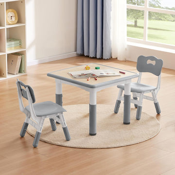 Kids Study Table and Chairs Set, Height Adjustable Toddler Table and Chair Set for Kids Ages 3-8, 23.6" L x 23.6" W