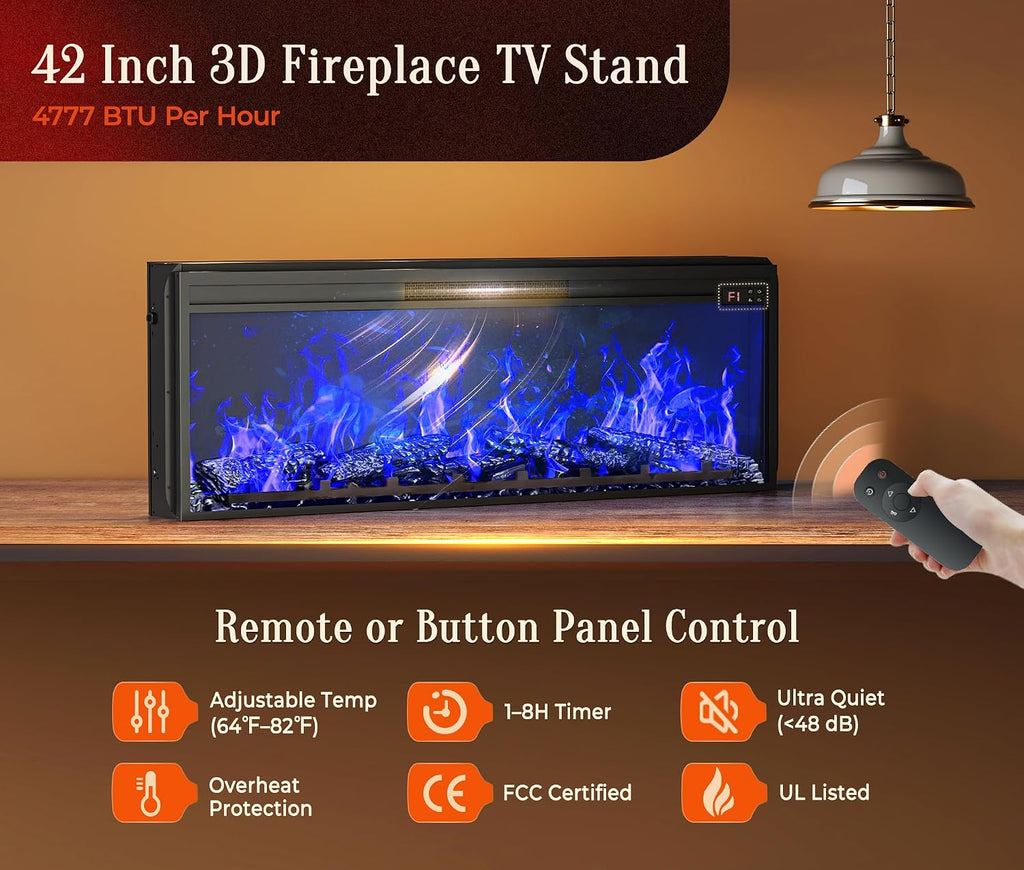 70'' Fireplace TV Stand with 42'' Electric Fireplace, Farmhouse Fluted Entertainment Center with 3 Drawers - Black