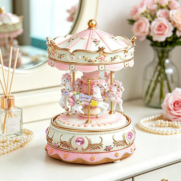Pink Carousel Music Box with Rotating Horses and LED Light
