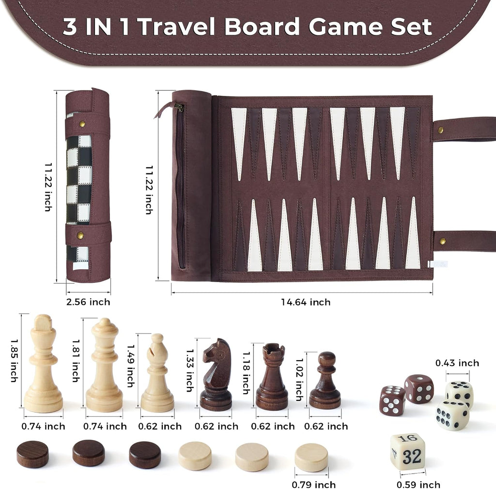 Magnetic Chess Checkers Backgammon Set, 3 in 1 Magnetic Chess Game for Adult, Roll-up Portable Suede Board Game