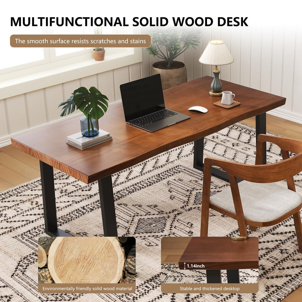 47" Solid Wood Live Edge Computer Desk - Rustic Vintage Industrial Brown Work Desk, Modern Minimalist Home Office