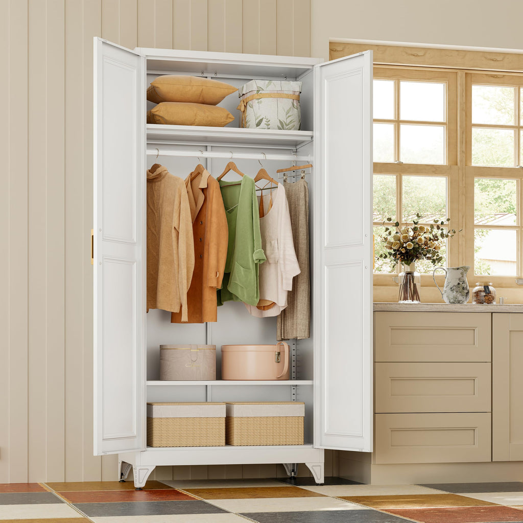 71" White Metal Armoire Wardrobe Closet with Panel Doors