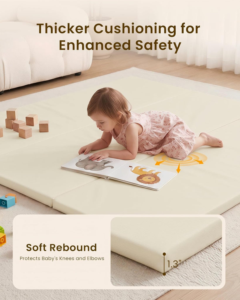 Foldable Baby Play Mat,Vegan Leather 47x47 Baby Mat for Floor,Beige