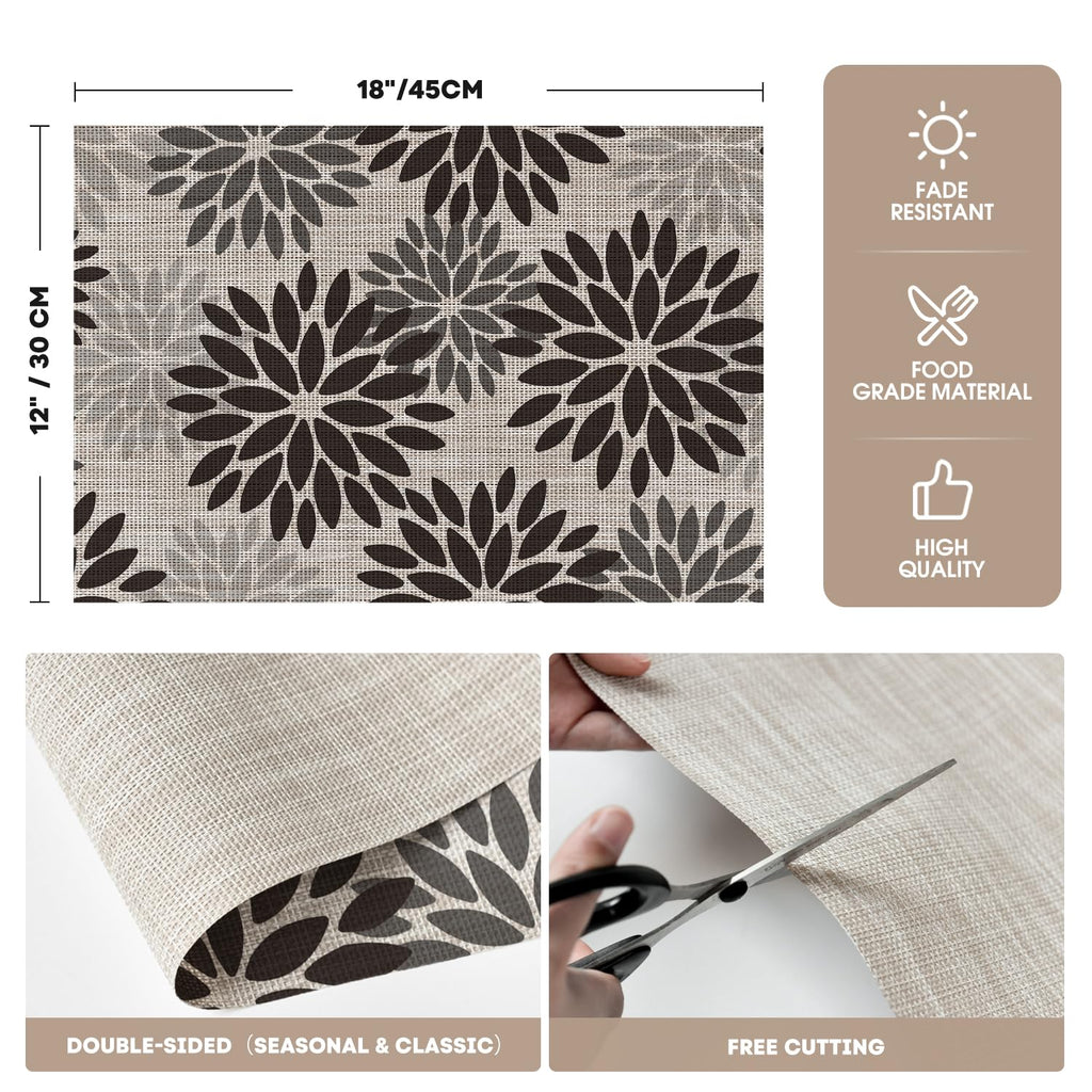 Floral Vinyl Placemats Set of 6, Heat Resistant Washable Non-Slip Plastic PVC Halloween Place Mats for Party Kitchen